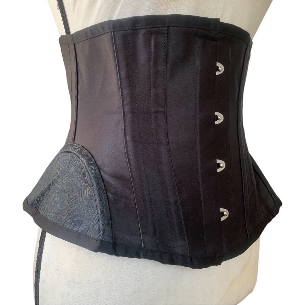 Black satin underbust corset with contrast brocade hip panels